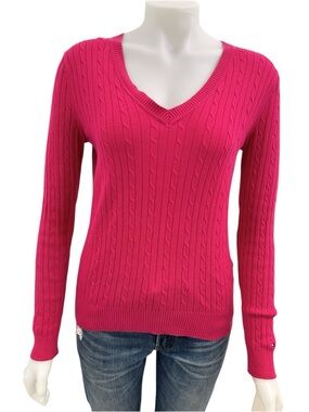 Tommy Hilfiger Pink Cable Knit V-Neck Cotton Sweater Small